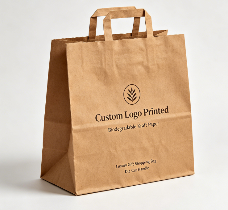 Saco de compras de presente de papel Kraft com alça cortada biodegradável com logotipo personalizado