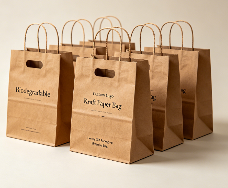 Saco de compras de presente de papel Kraft com alça cortada biodegradável com logotipo personalizado