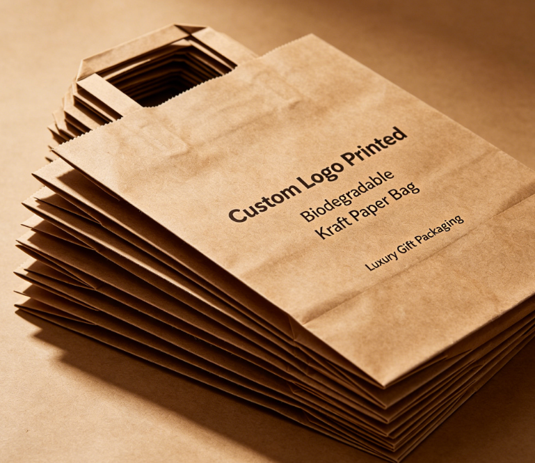 Saco de compras de presente de papel Kraft com alça cortada biodegradável com logotipo personalizado
