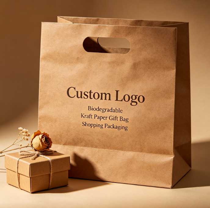 Saco de compras de presente de papel Kraft com alça cortada biodegradável com logotipo personalizado