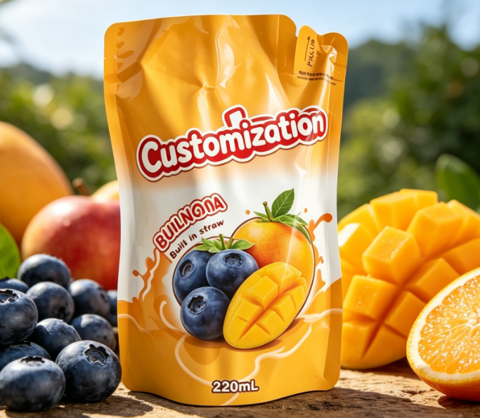 Bolsas de palha embutidas de purê de frutas de manga 220ml Sacos de embalagem para bebidas impressos personalizados